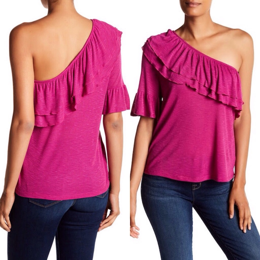 🔴 RO & De Fuchsia Ruffled One Shoulder Top - Picture 4 of 5